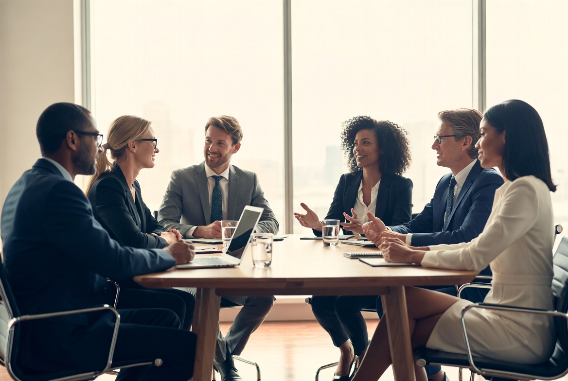Professional boardroom discussion